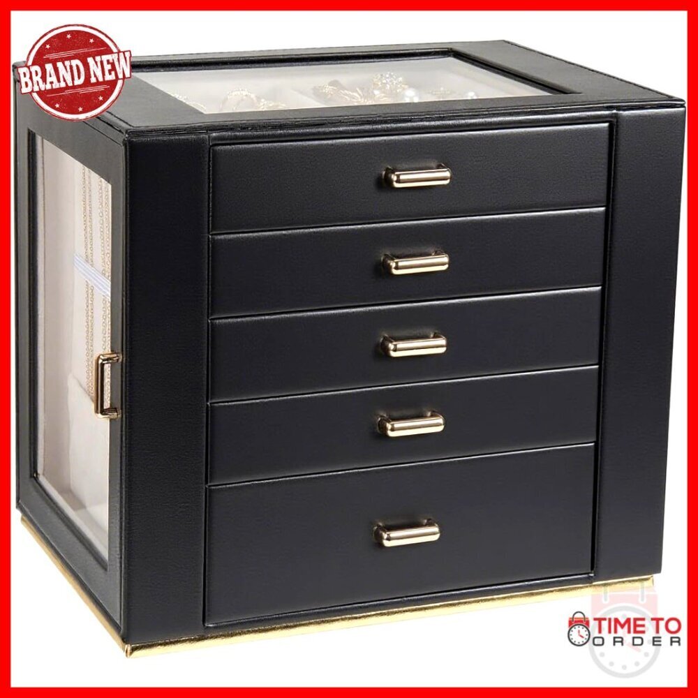 Modern Jewelry Box Organizer with Glass Lid 5 Drawer PU Leather Storage Case